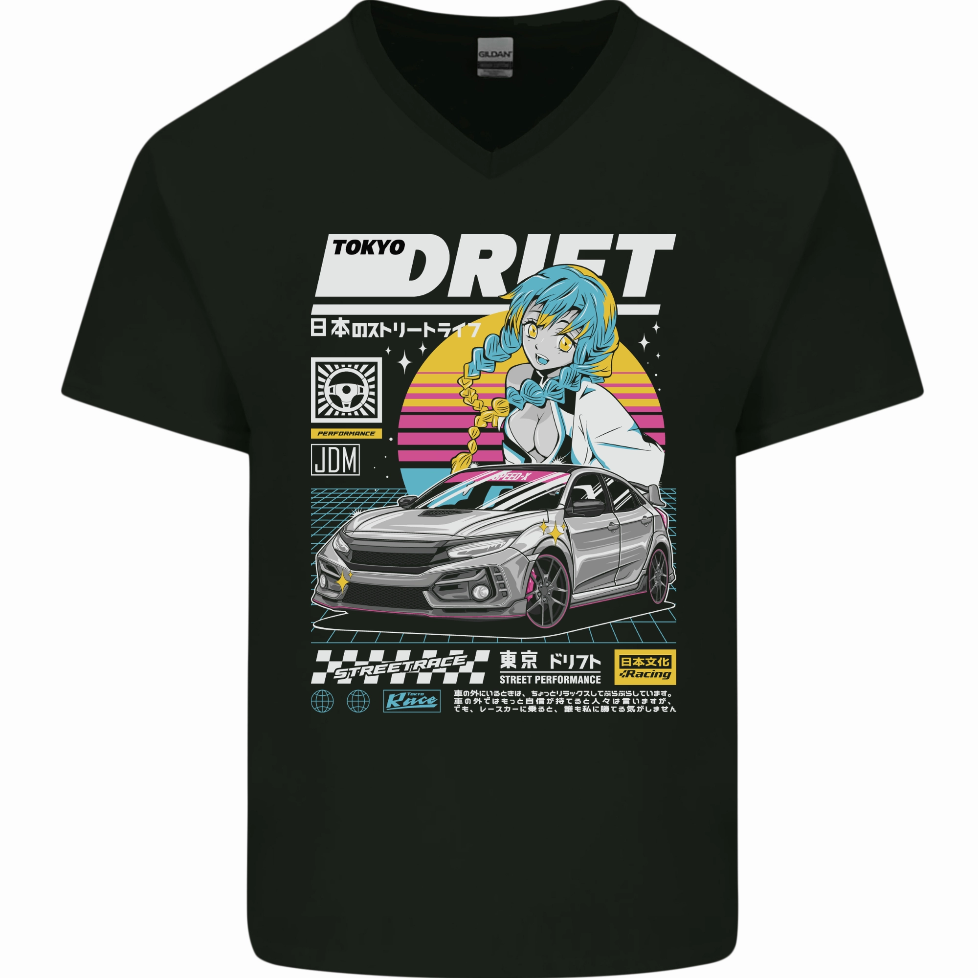 Tokyo Drifting Anime Drift Car Japan Mens V-Neck Cotton T-Shirt