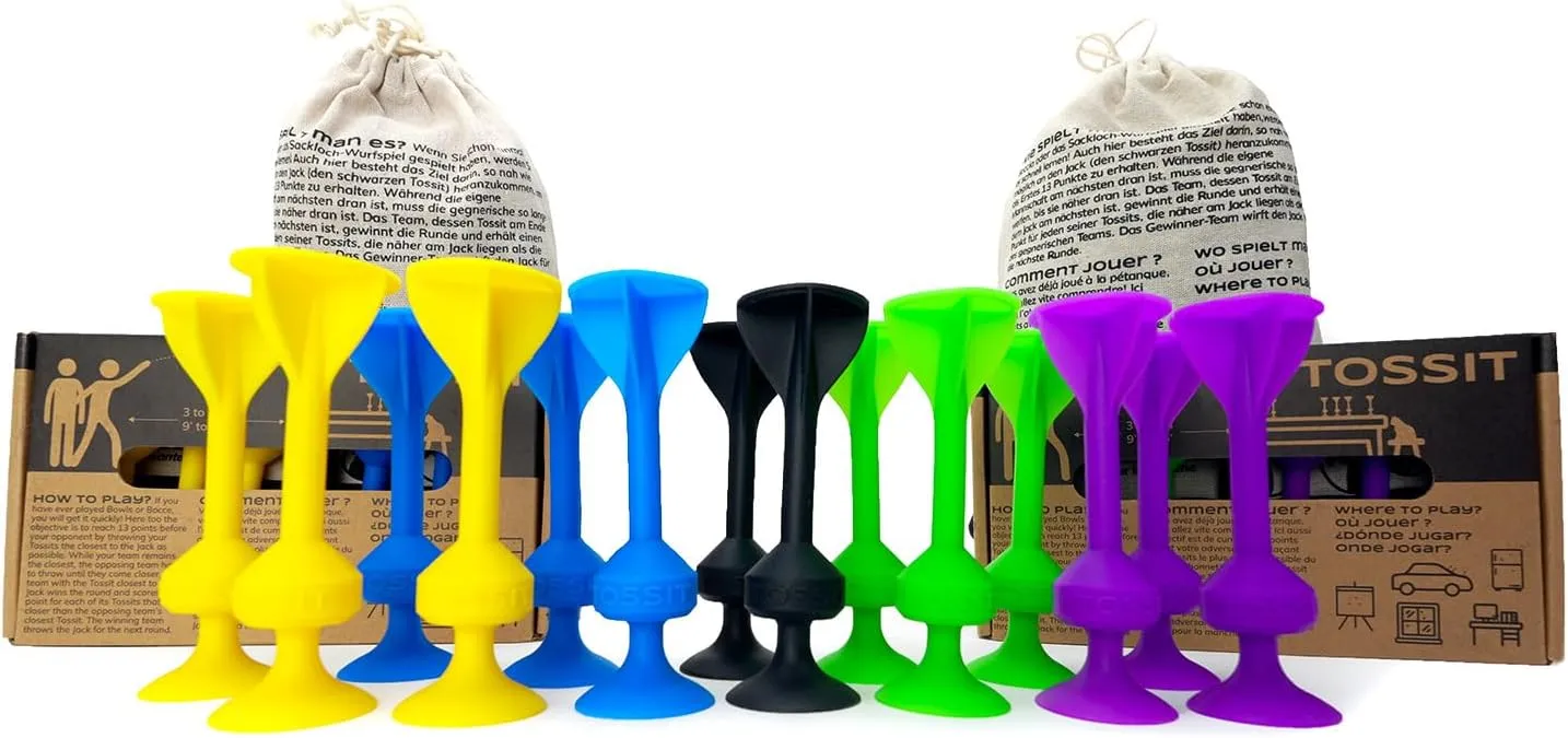 TOSSIT Game Suction Cup Darts, Toss Game Perfect Family and Party, Silicone Throwing Game for Backyard, Indoor and Outdoor Fun, Twin Pack, Purple Green Blue Yellow