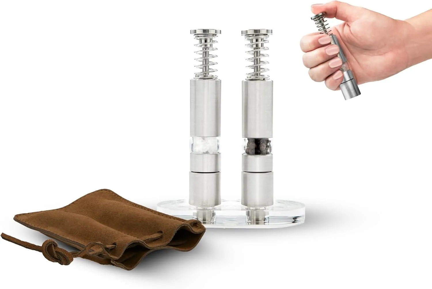 Travel Salt And Pepper Grinder Set, Grind Gourmet™ Original Pump & Grind Travel Gadgets, Spice Grinder, Pepper Mill, Small Salt Pepper Grinder
