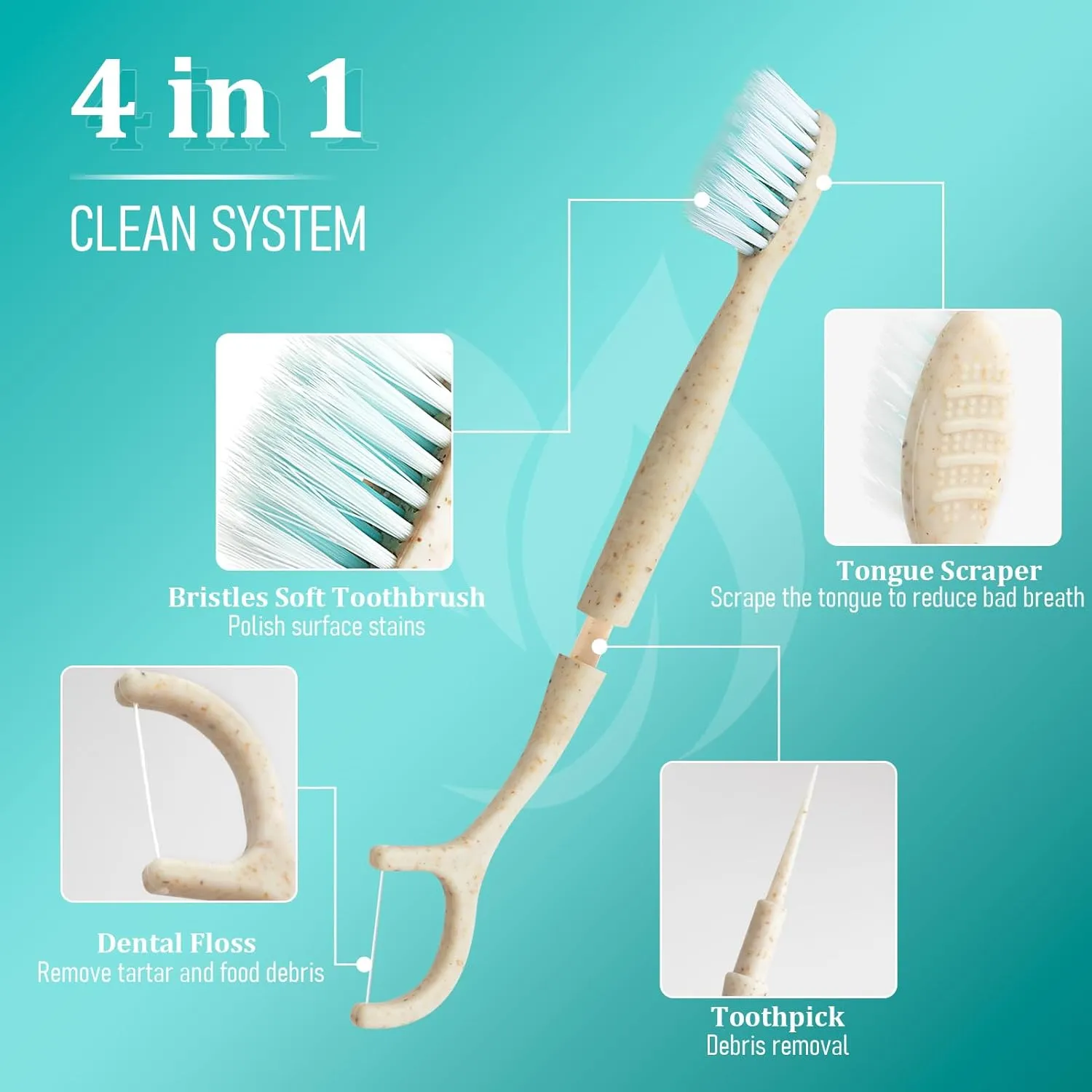 Travel Toothbrush Dental Floss Picks - 4 in 1 Biodegradable Disposable Toothbrushes with Tongue Scraper, Eco-Friendly Individually Wrapped Toothbrush for Adult Kids Travel Oral Care, 80 Pack
