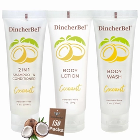 Travel Size Toiletries Kits, Bulk Mini Hotel Guest Amenities (Tropical Coconut, 1oz each), 3-Piece Sets Refreshing Coconut Scent - 50 Shampoo & Conditioner 2 in 1, 50 Body Wash and 50 Body Lotion