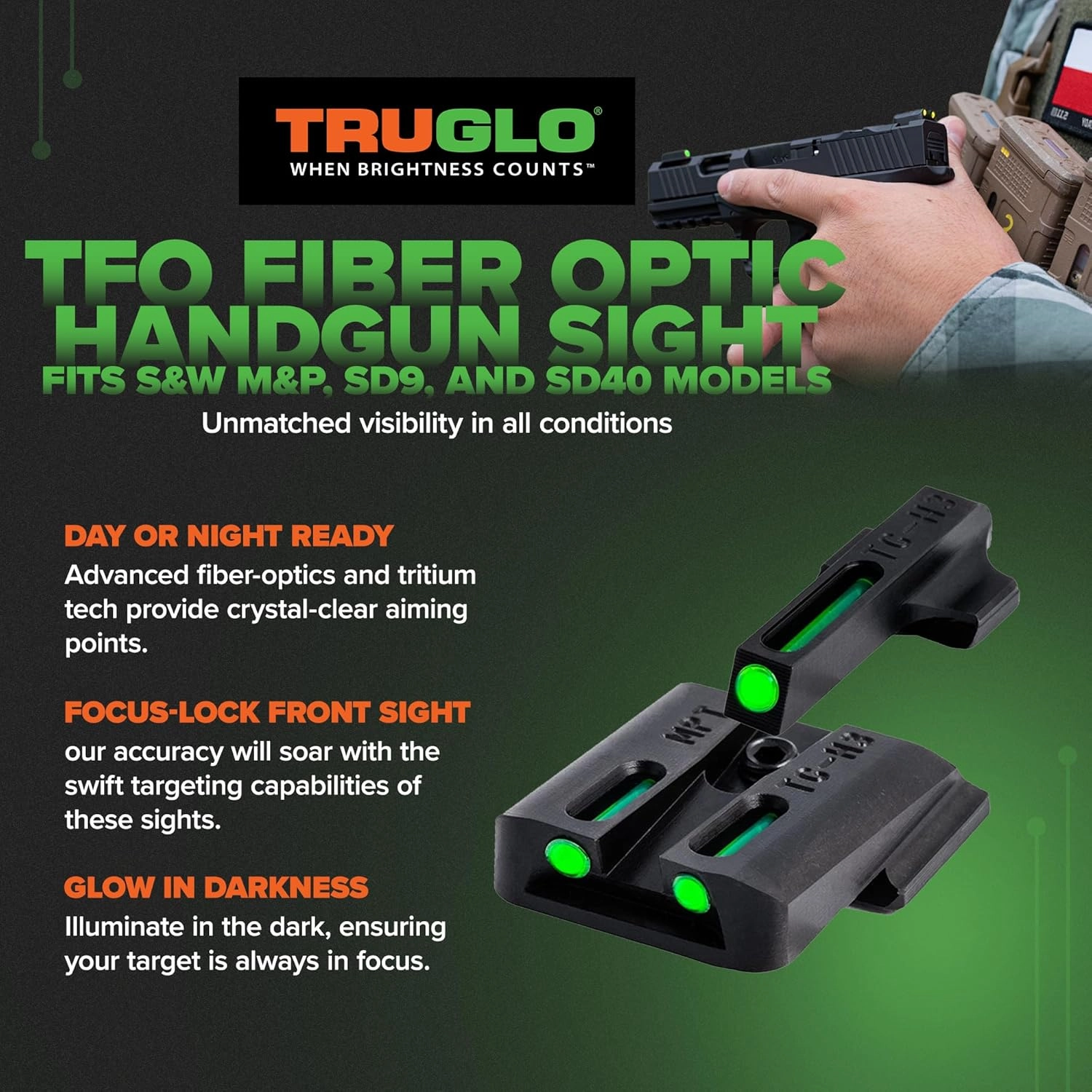 Truglo TFO Tritium & Fiber-Optic Handgun Sight Durable Snag-Resistant Glowing Front & Rear Night Sight, Compatible with Smith & Wesson M&P Series