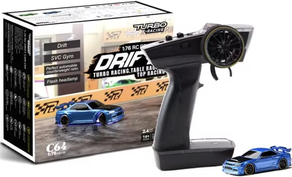 Turbo Racing 1/76 Scale Drift RC Car On Road 2WD with Gyro Mini Full Proportional Steering 2.4GHZ Remote Control RTR - Remote Control Car, RC Drift Car (Blue)