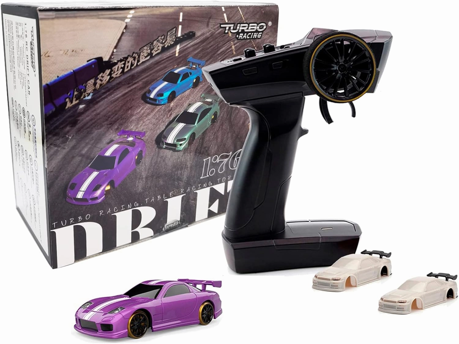 Turbo Racing 1:76 Scale Drift RC Car with Gyro Mini Full Proportional RTR 2.4GHZ Remote Control with 2 Replaceable Body Shell (C61-Purple)