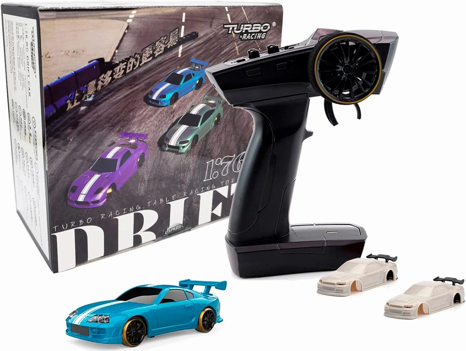 Turbo Racing 1:76 Scale Drift RC Car with Gyro Mini Full Proportional RTR 2.4GHZ Remote Control with 2 Replaceable Body Shell (C63-Blue)