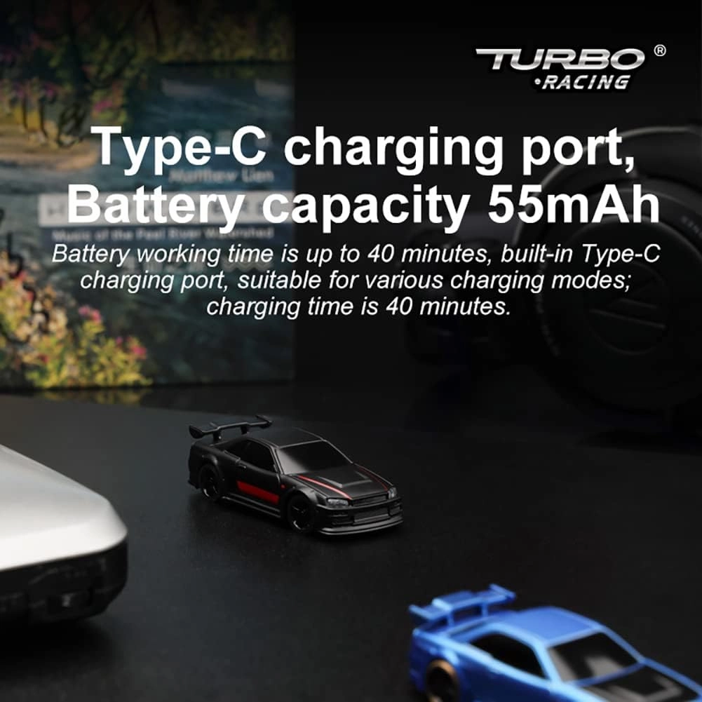 Turbo RC 1:76 Mini Sports Car 4CH 2.4GHZ Remote Control Full Proportional RTR Kit with 2 Replaceable Body Shell (C74-Black)