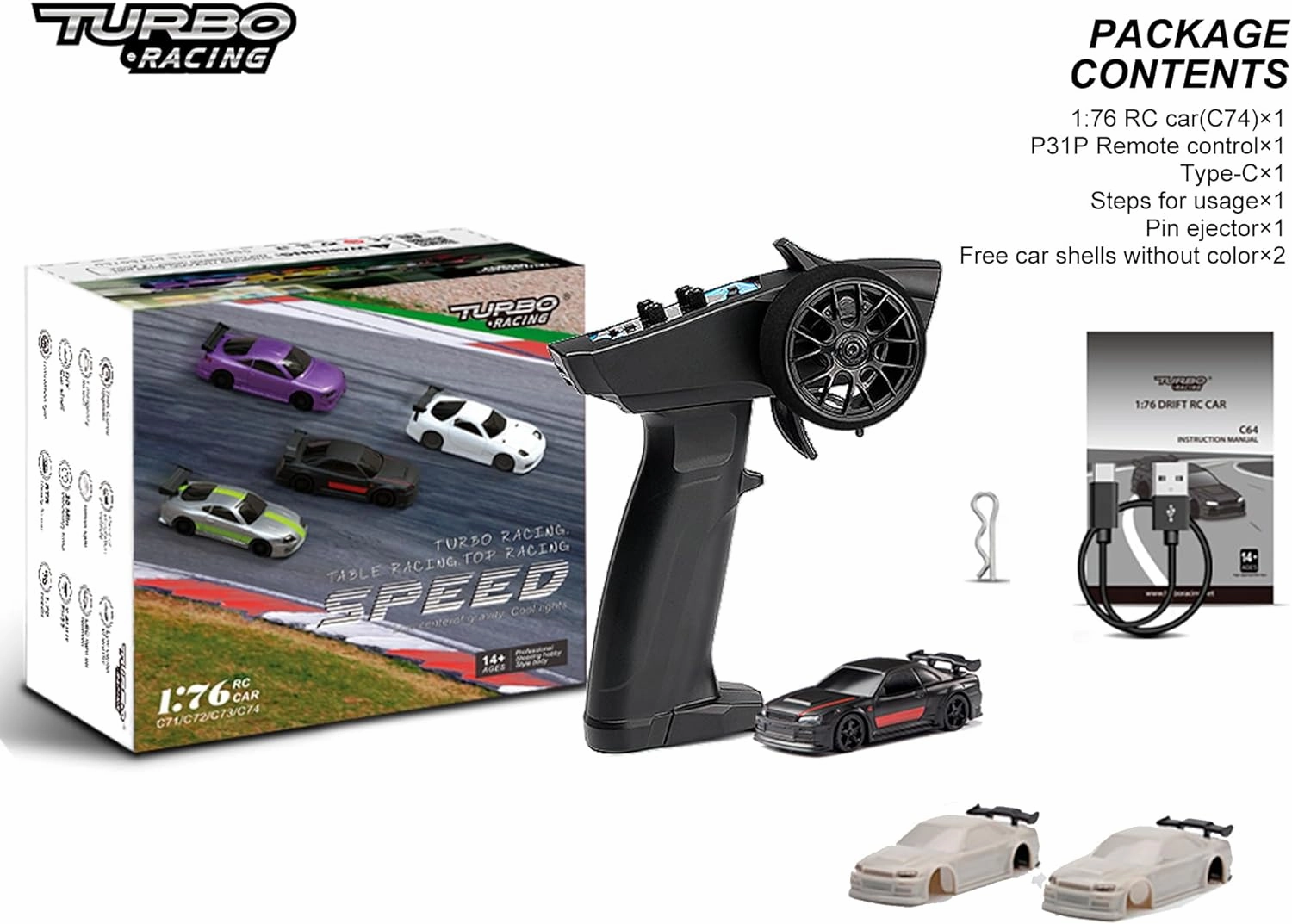 Turbo RC 1:76 Mini Sports Car 4CH 2.4GHZ Remote Control Full Proportional RTR Kit with 2 Replaceable Body Shell (C74-Black)