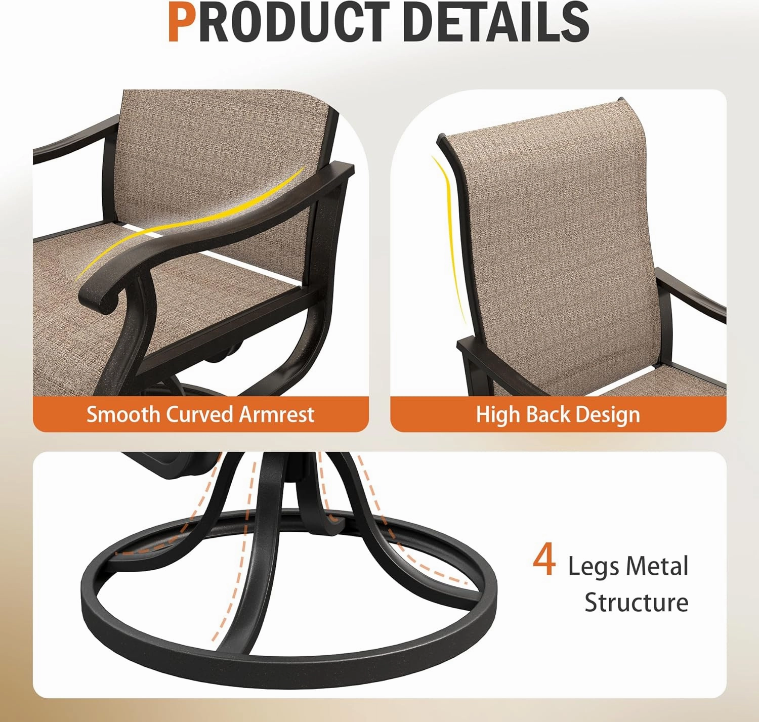 UDPATIO Patio Swivel Chairs Set of 4, Outdoor Patio Dining Chairs with All Weather Textilene Black Metal Frame for Lawn Garden Backyard, BrownX