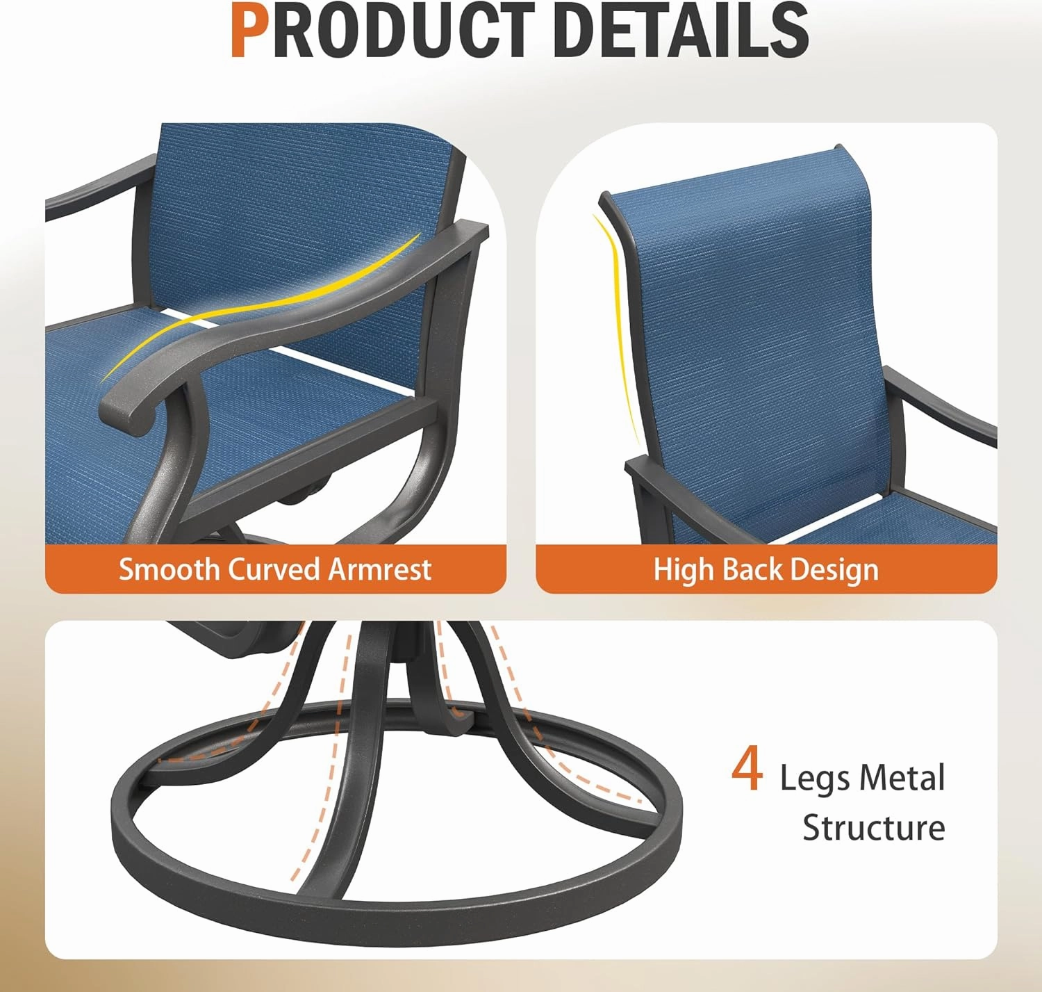 UDPATIO Patio Swivel Dining Chairs Set of 2, Outdoor Swivel Chairs Patio High Back with All Weather Textilene Metal Rocking Frame for Lawn Garden Backyard, Navy