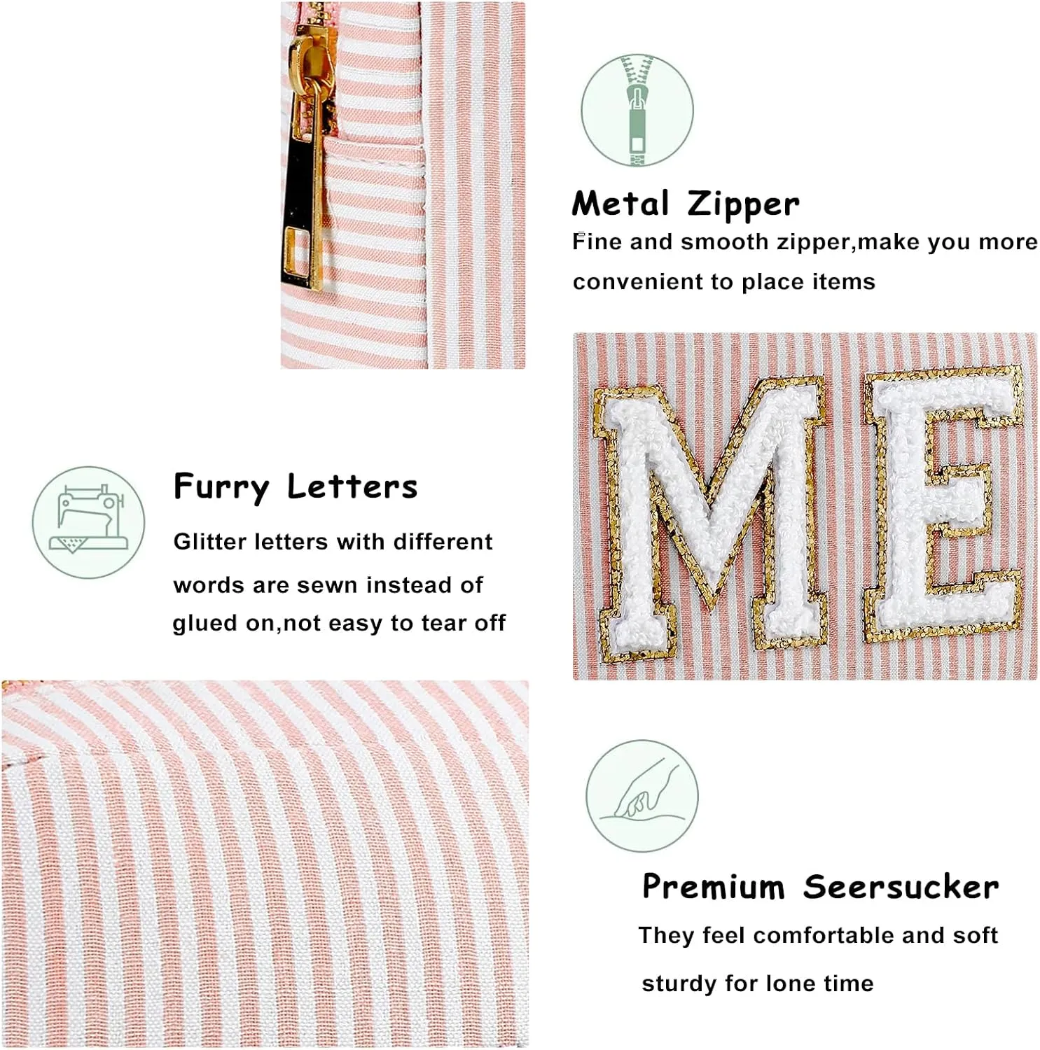 uekeboag Seersucker Chenille Letter Stuff Meds RX Makeup Bag, Travel Washable Purse Organizer with Zipper, Lightweight Toiletry Cute Personalized Preppy Cosmetic Bag For Women and Girls(04Pink Meds)