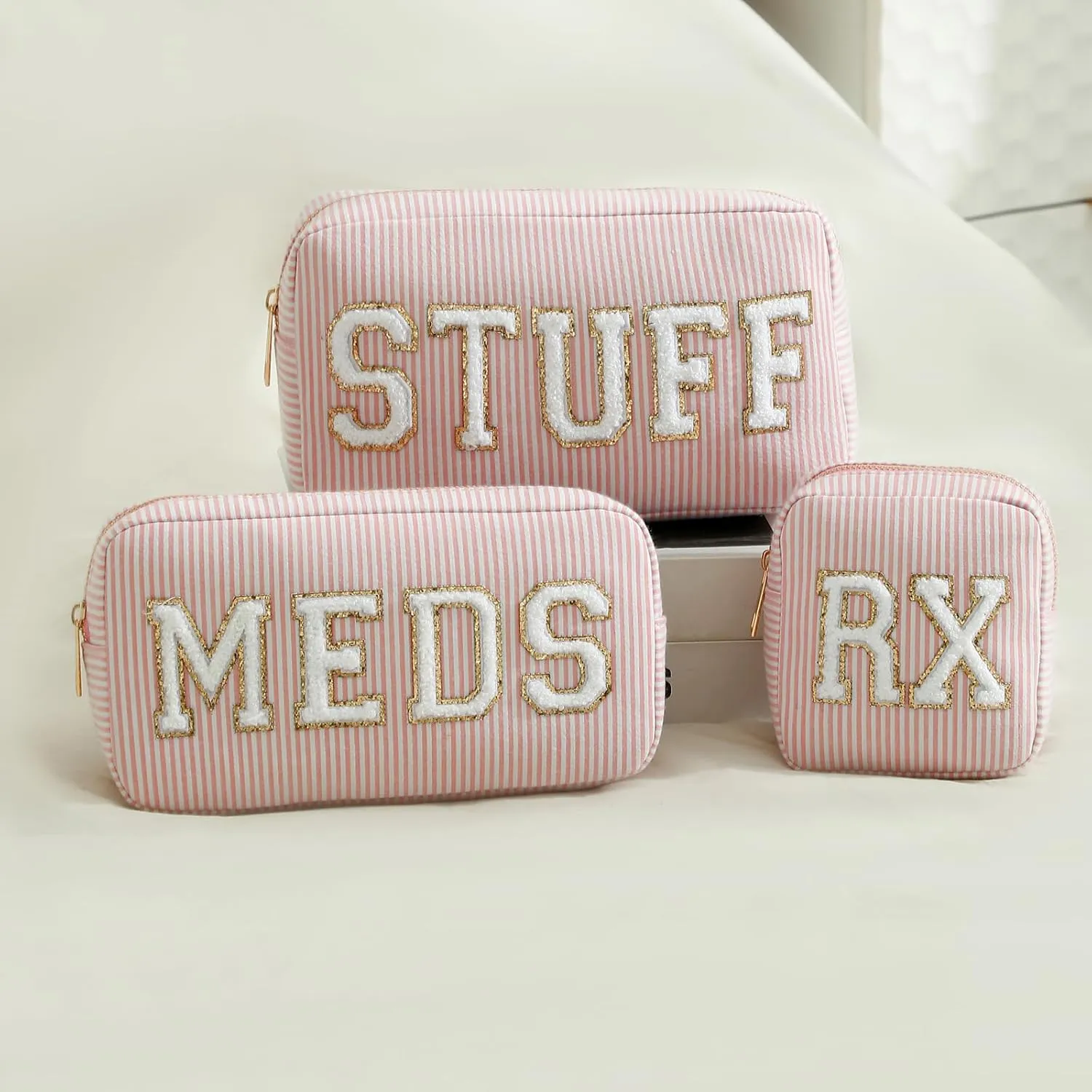 uekeboag Seersucker Chenille Letter Stuff Meds RX Makeup Bag, Travel Washable Purse Organizer with Zipper, Lightweight Toiletry Cute Personalized Preppy Cosmetic Bag For Women and Girls(04Pink Meds)