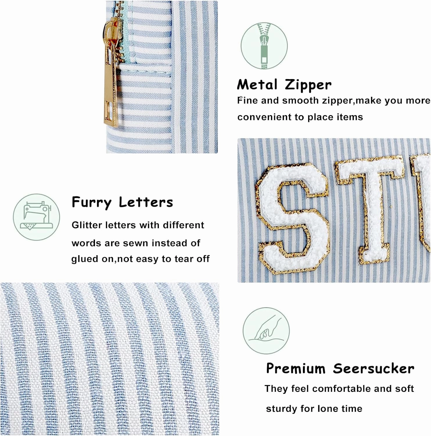 uekeboag Seersucker Chenille Letter Stuff Meds RX Makeup Bag, Travel Washable Purse Organizer with Zipper, Lightweight Toiletry Cute Personalized Preppy Cosmetic Bag For Women and Girls(3pcs Blue)