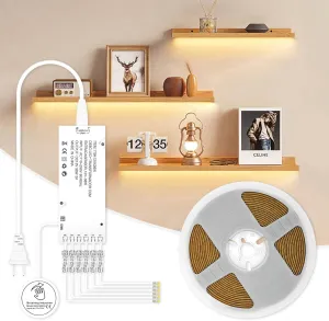 Under Cabinet COB Led Light Strip kit,16.4ft/5m Cuttable 3000K,Diffused Power with 6 Output Ports,Touch Switch&Dimmer Strip for Gun Safe Case,Book Shelf,Floating Shelf,Wall Panel,Home Decor