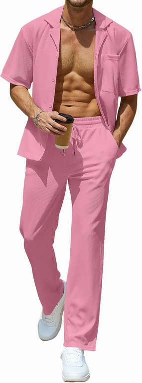 UOUA Mens Summer 2 Piece Set Casual Outfits Button Short Sleeve Shirt & Loose Pants Textured Striped Tracksuit Walking Suits