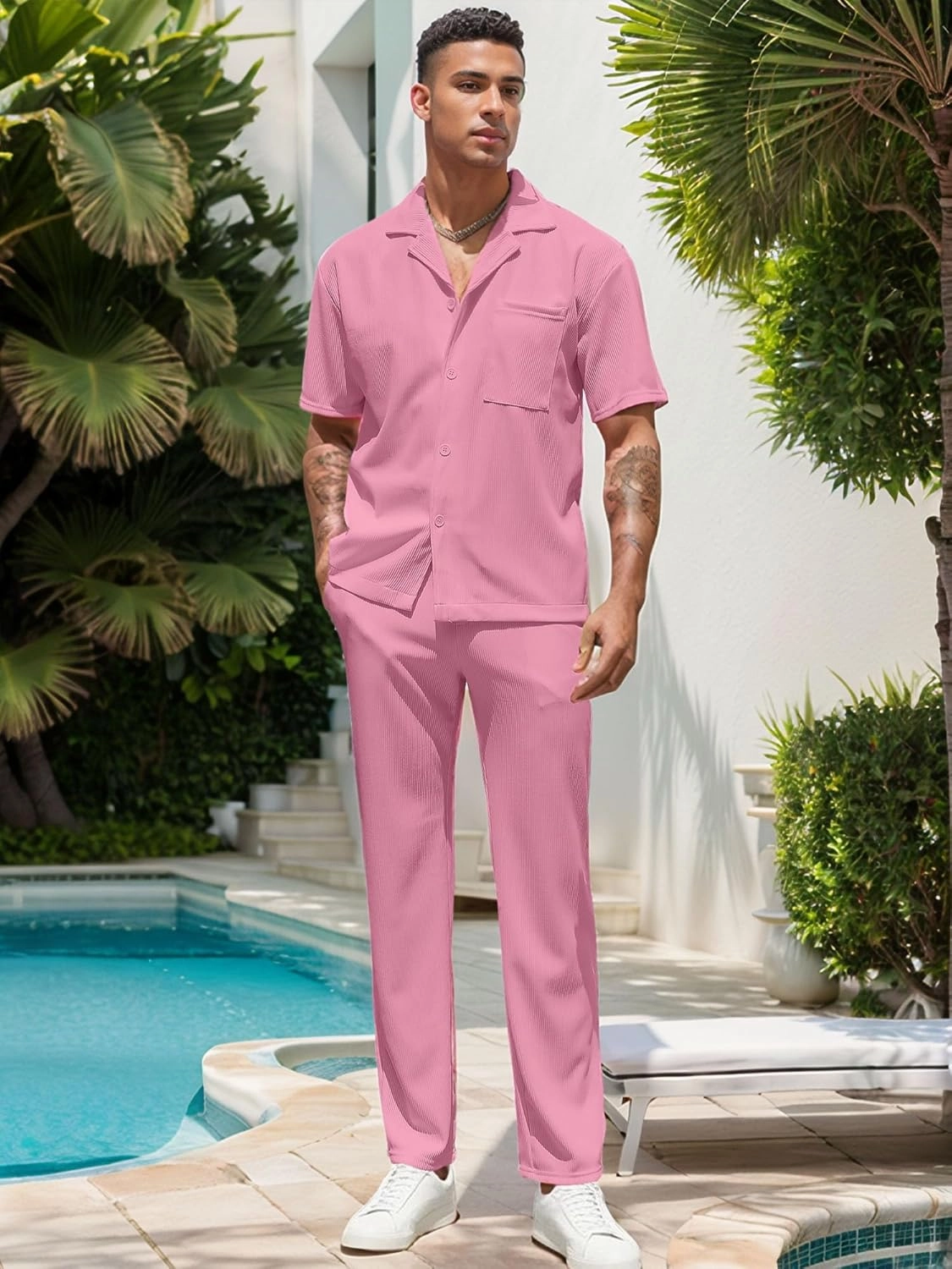 UOUA Mens Summer 2 Piece Set Casual Outfits Button Short Sleeve Shirt & Loose Pants Textured Striped Tracksuit Walking Suits
