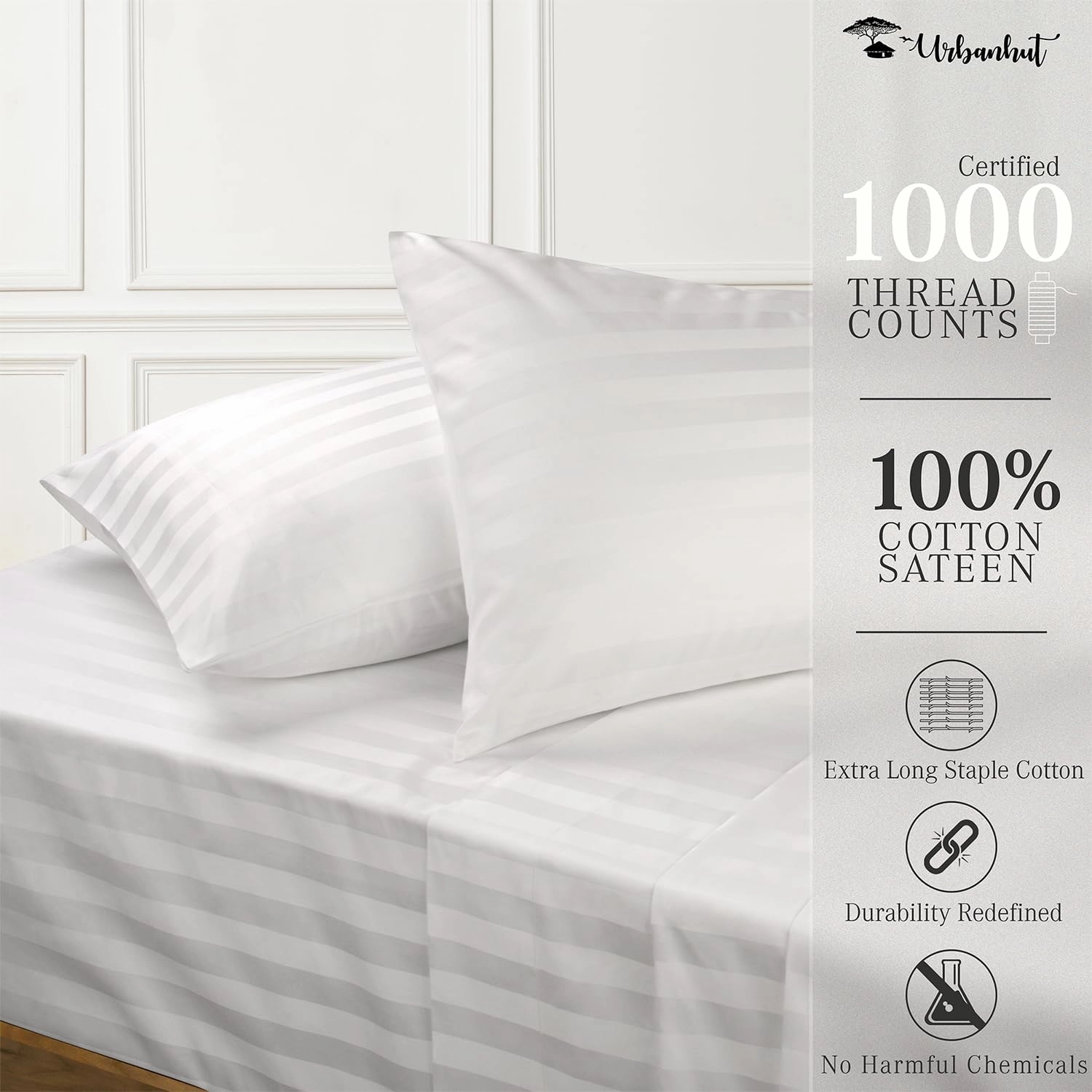 URBANHUT 1000 Thread Count Egyptian Cotton Sheets Damask Striped Queen Size, Long Staple Soft & Breathable, 4 Pc Bed Sheet Sets, Luxury Hotel Sateen Sheets Fits 16" Deep Pocket - White
