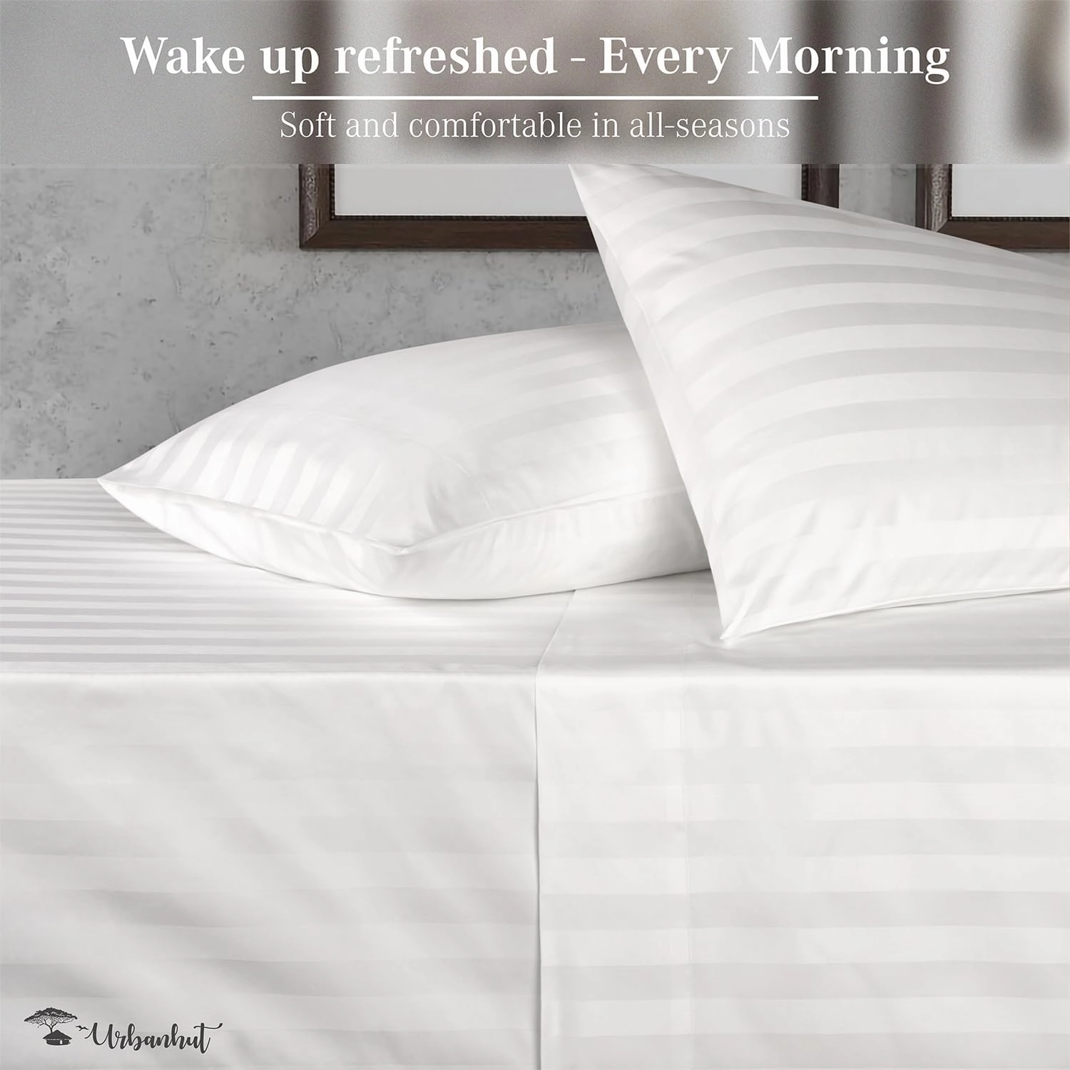 URBANHUT 1000 Thread Count Egyptian Cotton Sheets Damask Striped Queen Size, Long Staple Soft & Breathable, 4 Pc Bed Sheet Sets, Luxury Hotel Sateen Sheets Fits 16" Deep Pocket - White
