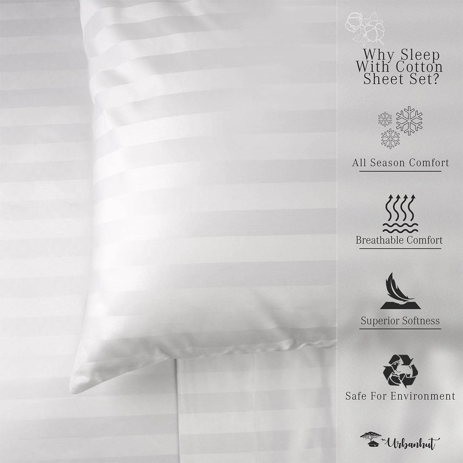 URBANHUT 1000 Thread Count Egyptian Cotton Sheets Damask Striped Queen Size, Long Staple Soft & Breathable, 4 Pc Bed Sheet Sets, Luxury Hotel Sateen Sheets Fits 16" Deep Pocket - White