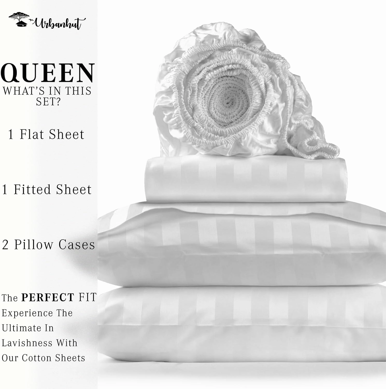 URBANHUT 1000 Thread Count Egyptian Cotton Sheets Damask Striped Queen Size, Long Staple Soft & Breathable, 4 Pc Bed Sheet Sets, Luxury Hotel Sateen Sheets Fits 16" Deep Pocket - White