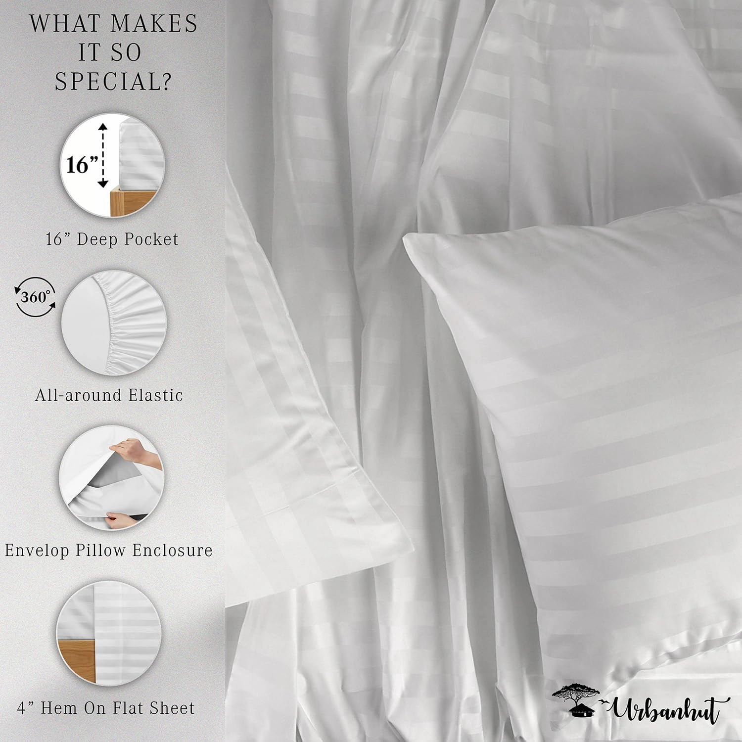 URBANHUT 1000 Thread Count Egyptian Cotton Sheets Damask Striped Queen Size, Long Staple Soft & Breathable, 4 Pc Bed Sheet Sets, Luxury Hotel Sateen Sheets Fits 16" Deep Pocket - White