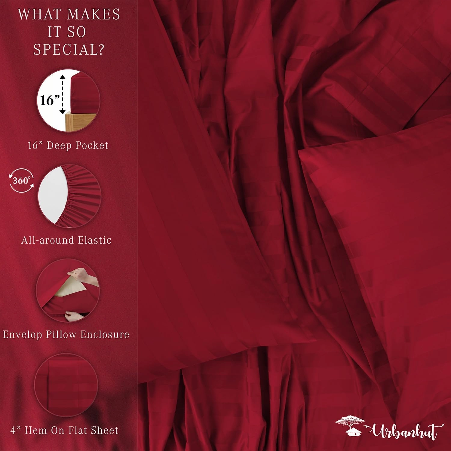 URBANHUT 800 Thread Count Egyptian Cotton Damask Striped Queen Size Sheets Set (4 Pc) - Ultra Soft & Smooth, Sateen Weave Queen Size Sheets, Luxury Hotel Sheets with 16" Deep Pocket - Burgundy