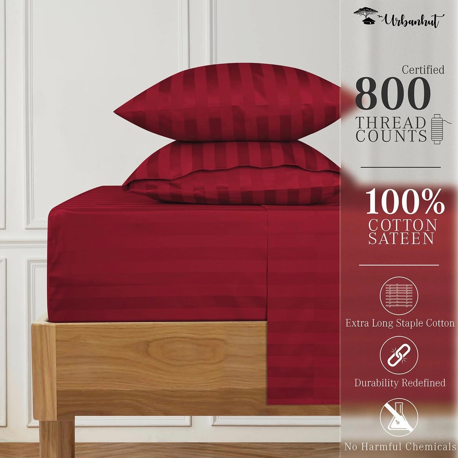 URBANHUT 800 Thread Count Egyptian Cotton Damask Striped Queen Size Sheets Set (4 Pc) - Ultra Soft & Smooth, Sateen Weave Queen Size Sheets, Luxury Hotel Sheets with 16" Deep Pocket - Burgundy