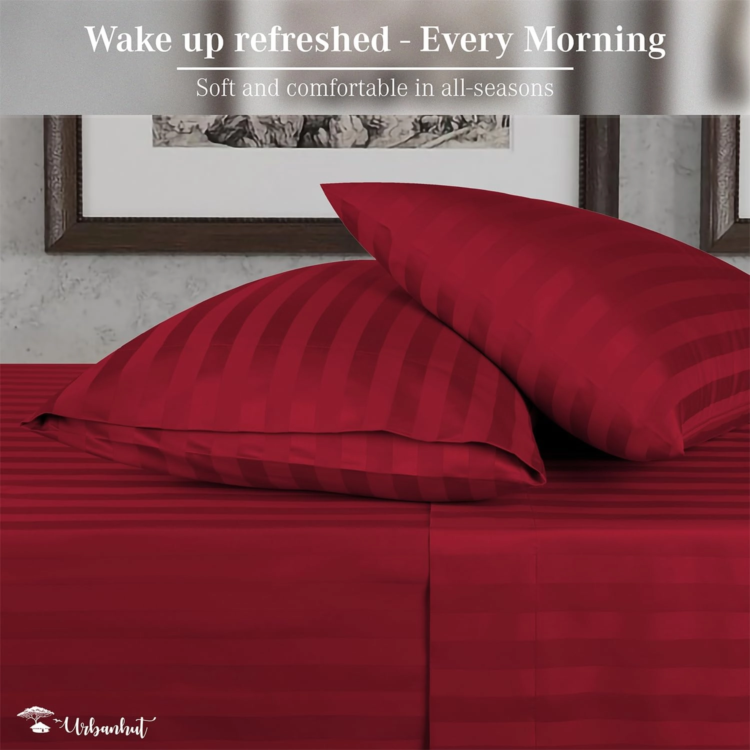 URBANHUT 800 Thread Count Egyptian Cotton Damask Striped Queen Size Sheets Set (4 Pc) - Ultra Soft & Smooth, Sateen Weave Queen Size Sheets, Luxury Hotel Sheets with 16" Deep Pocket - Burgundy