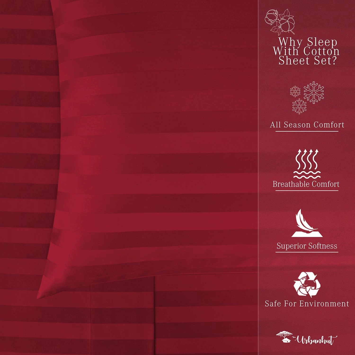 URBANHUT 800 Thread Count Egyptian Cotton Damask Striped Queen Size Sheets Set (4 Pc) - Ultra Soft & Smooth, Sateen Weave Queen Size Sheets, Luxury Hotel Sheets with 16" Deep Pocket - Burgundy
