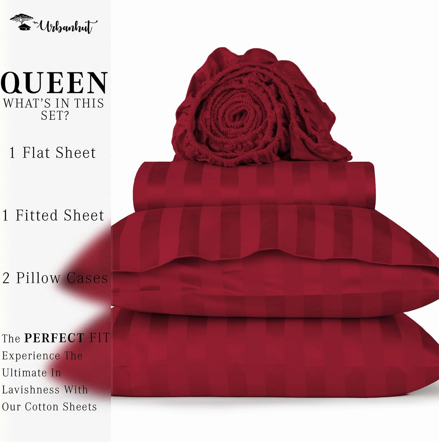 URBANHUT 800 Thread Count Egyptian Cotton Damask Striped Queen Size Sheets Set (4 Pc) - Ultra Soft & Smooth, Sateen Weave Queen Size Sheets, Luxury Hotel Sheets with 16" Deep Pocket - Burgundy