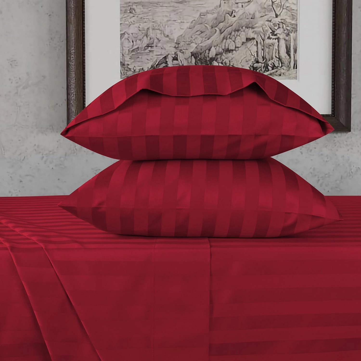 URBANHUT 800 Thread Count Egyptian Cotton Damask Striped Queen Size Sheets Set (4 Pc) - Ultra Soft & Smooth, Sateen Weave Queen Size Sheets, Luxury Hotel Sheets with 16" Deep Pocket - Burgundy