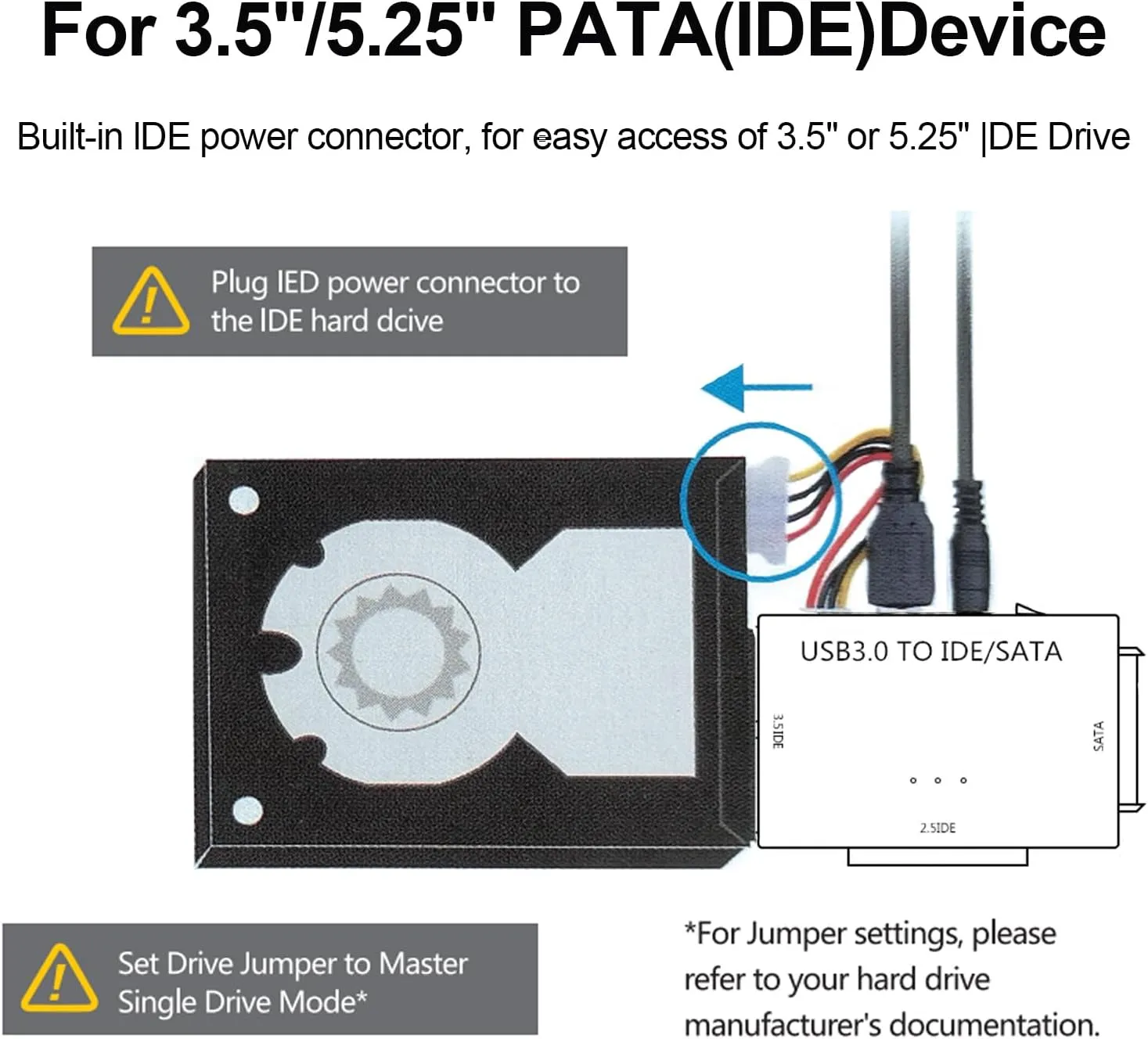 USB 3.0 to SATA IDE Adapter, Hard Drive Reader External Ultra Recovery Converter Compatible with 2.5" 3.5" HDD, SSD,5.25-inch DVD/CD-ROM Optical Drive Data Transfer with Power Supply
