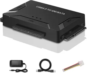 USB 3.0 to SATA IDE Adapter, Hard Drive Reader External Ultra Recovery Converter Compatible with 2.5" 3.5" HDD, SSD,5.25-inch DVD/CD-ROM Optical Drive Data Transfer with Power Supply