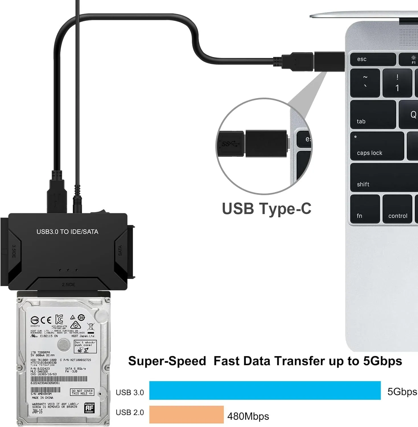 USB 3.0 to SATA IDE Adapter, Hard Drive Reader External Ultra Recovery Converter Compatible with 2.5" 3.5" HDD, SSD,5.25-inch DVD/CD-ROM Optical Drive Data Transfer with Power Supply