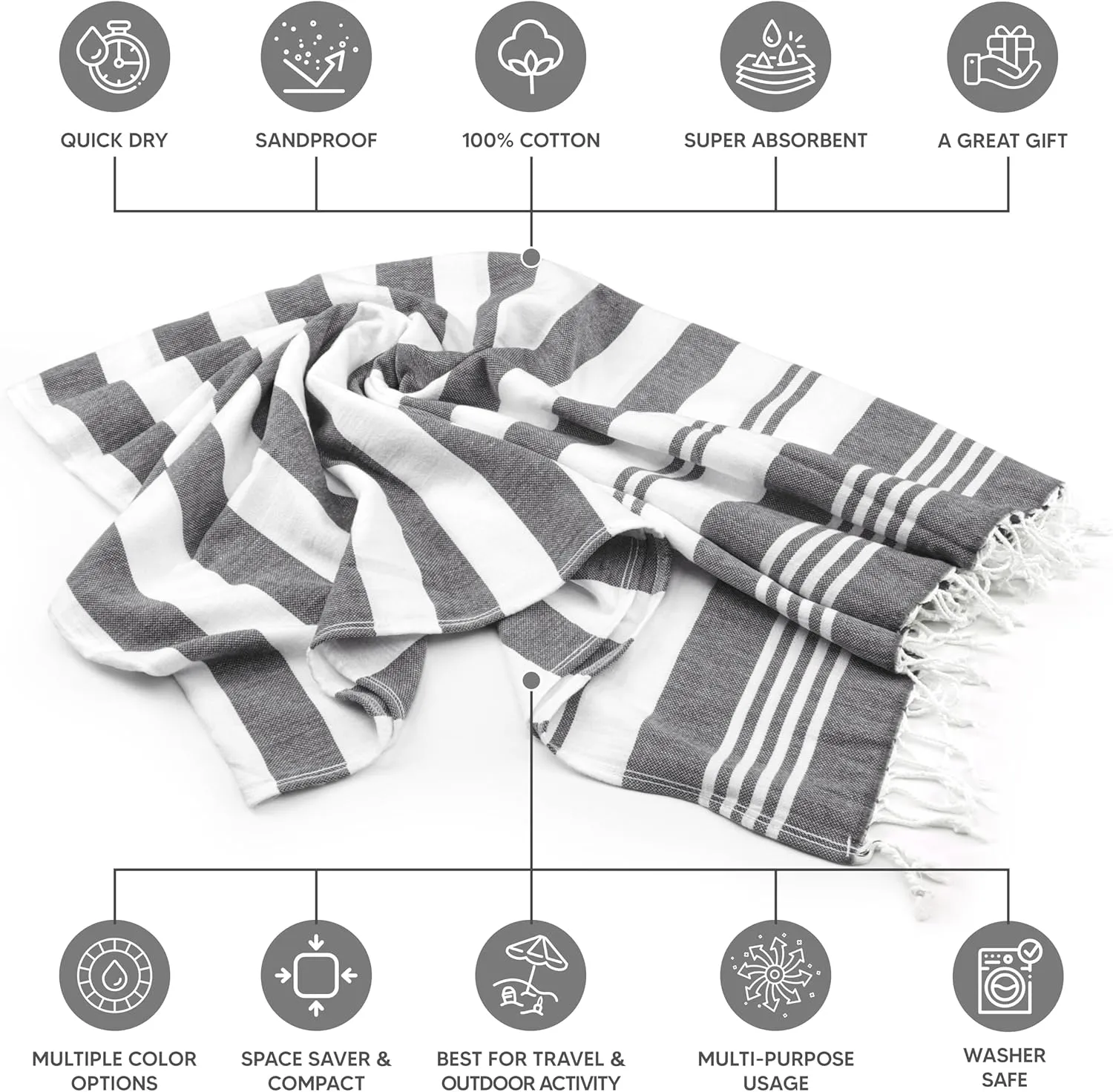 Utopia Towels 4 Pack Turkish Beach Towel, 40 by 72 Inches, 100% Cotton, Oversized Sand Free Lightweight Quick Dry, Prewashed for Soft Feel, Large Turkish Peshtemal Towel for Travel, Grey