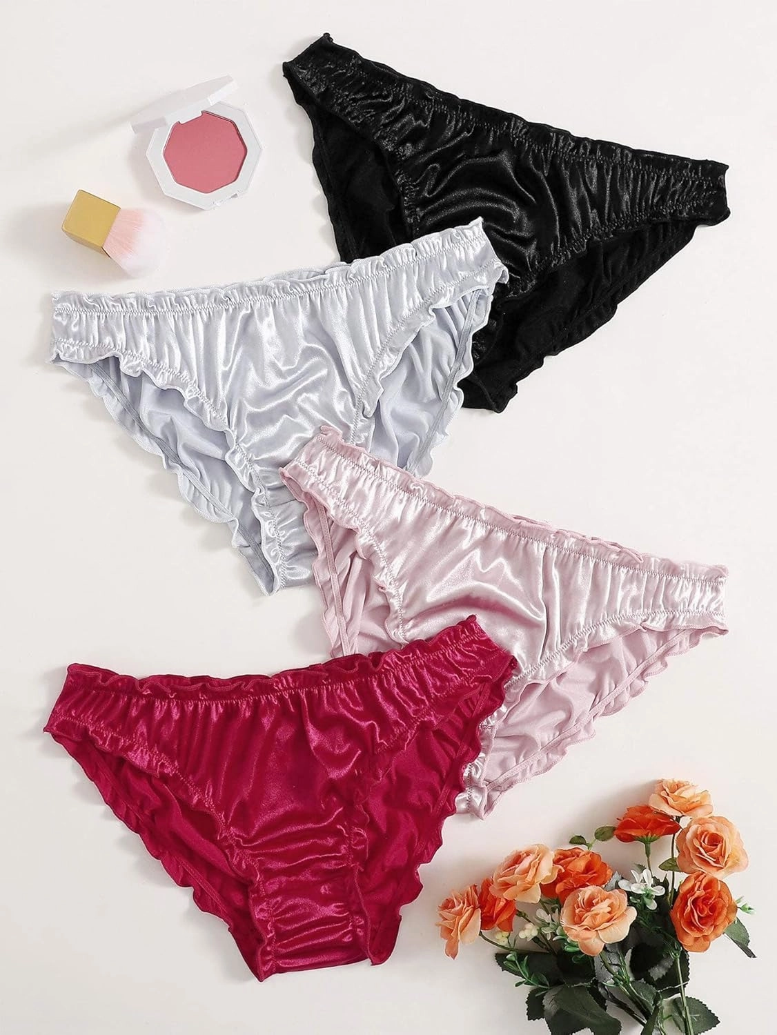 Verdusa Women's 4pack Frill Trim Satin Underwear Briefs Panty Set