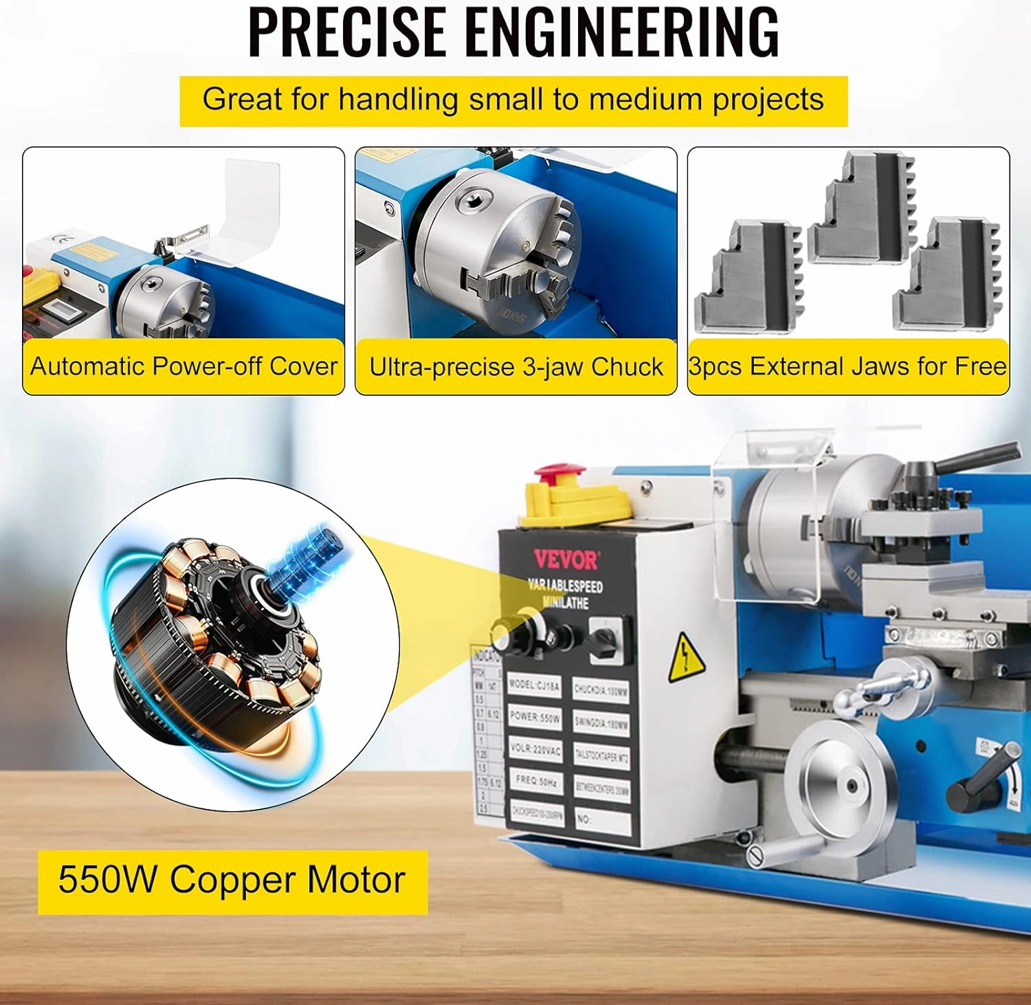 VEVOR Mini Metal Lathe, 7"x14" Benchtop Metal Lathe, 550W Variable Speed 2250RPM Metal Lathe, with 3-jaw Chuck CNC Mini Lathe Machine, Precision Mini Lathe w/Tool Box Digital Display for Metal Turning
