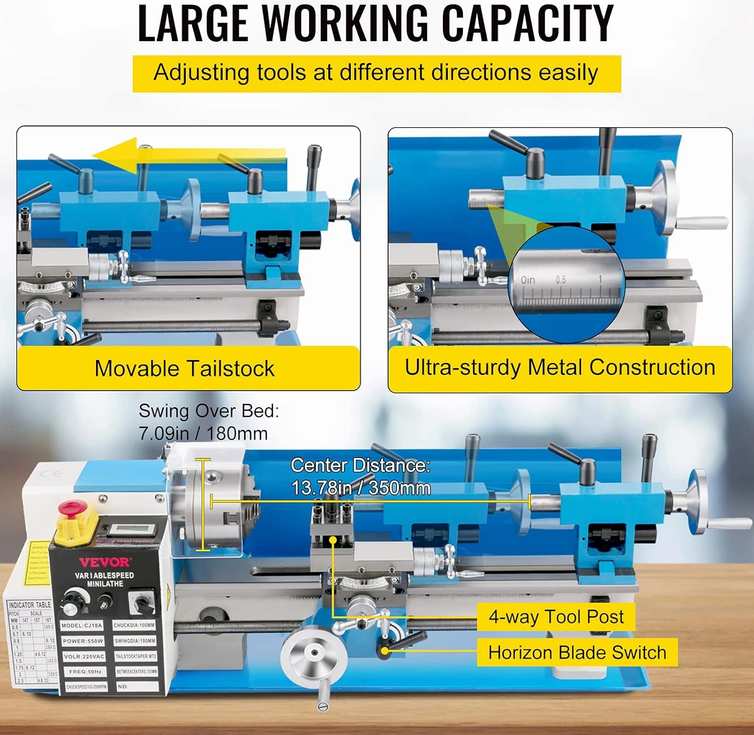 VEVOR Mini Metal Lathe, 7"x14" Benchtop Metal Lathe, 550W Variable Speed 2250RPM Metal Lathe, with 3-jaw Chuck CNC Mini Lathe Machine, Precision Mini Lathe w/Tool Box Digital Display for Metal Turning