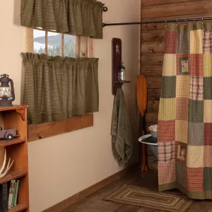 VHC Brands Tea Cabin Rustic 72"x72" Shower Curtain Green Rod Pocket Patchwork Cotton Button Holes for Hooks Square Bath Decor