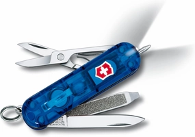 Victorinox Signature Lite Swiss Army Pocket Knife, Small, Multi Tool, 7 Functions, LED, Pen, Blue Transparent