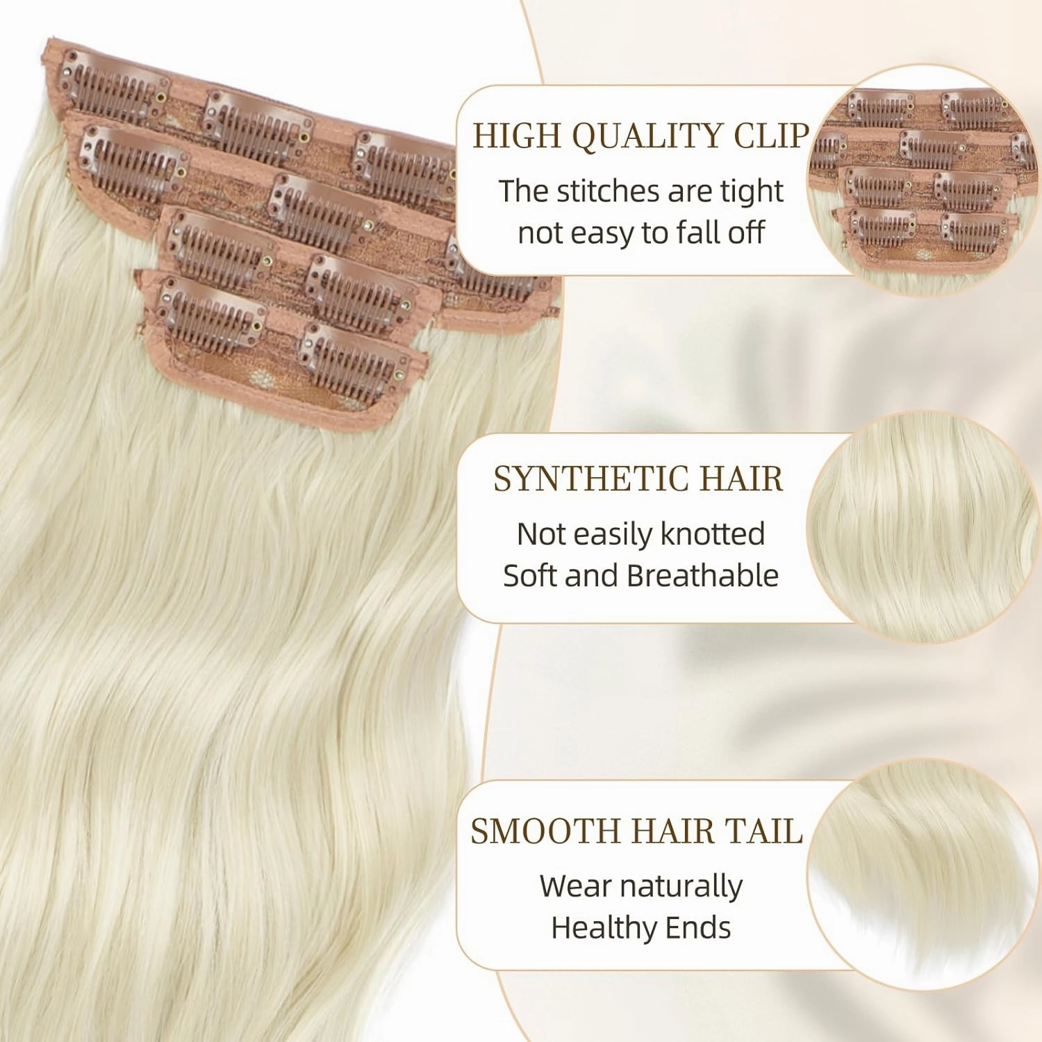 Vigorous Clip in Hair Extensions 20Inch Synthetic Hair Extensions Clip Ins 4Pcs Long Wavy Soft Synthetic Hairpieces for Women(Bright blonde)