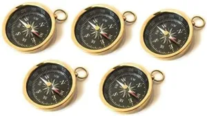 Vintage Brass Pocket Compass with Chain Loop, Directional Navigation Tool, Set of 5