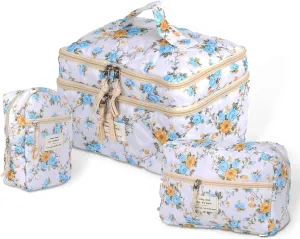 Vintage Floral Quilted Cotton Makeup Bag Set for Women and Girls (3-Piece) - Large, Medium & Small Cosmetic Organizers for Travel, Daily Use, Durable Zipper Pouches with Brush Compartments