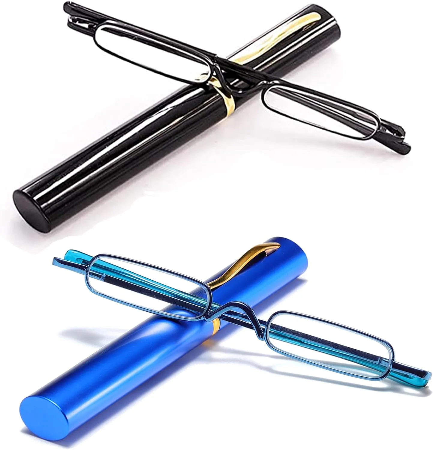 Viseng 2 pairs Slim Mini Metal Reading Glasses Compact Lightweight Portable Readers with Glasses Case for Reading Case  3.0 (Black/Blue)