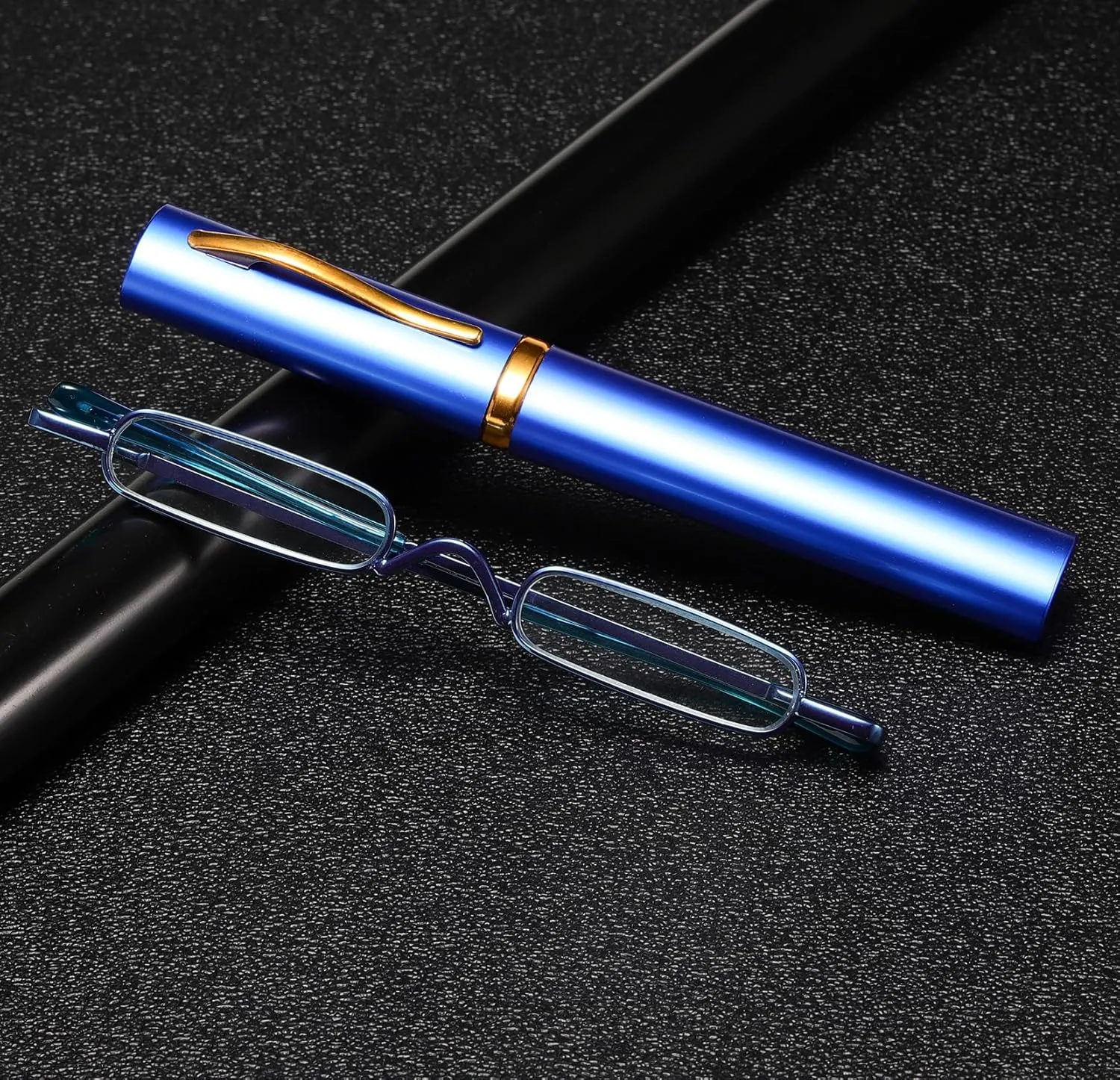 Viseng 2 pairs Slim Mini Metal Reading Glasses Compact Lightweight Portable Readers with Glasses Case for Reading Case  3.0 (Black/Blue)