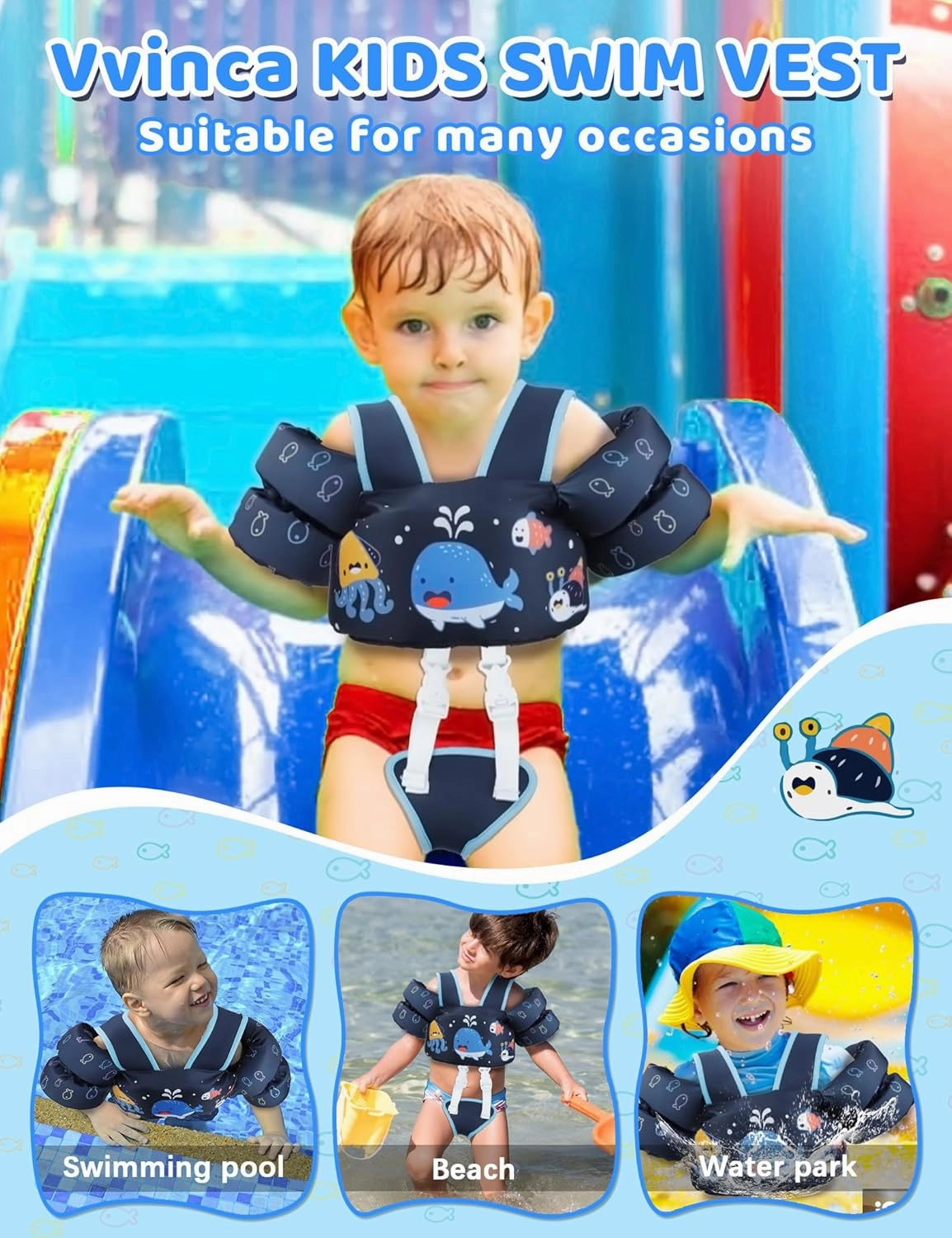 Vvinca Toddler Swim Vest for Kids 13-30lbs Boys Girls Puddle Kids Jumper Toddlers Pool Floaties Jacket with Adjustable Crotch Strap Sleeves Shoulder for 1 2 3 Years Old Baby Infant Learn to Swimming