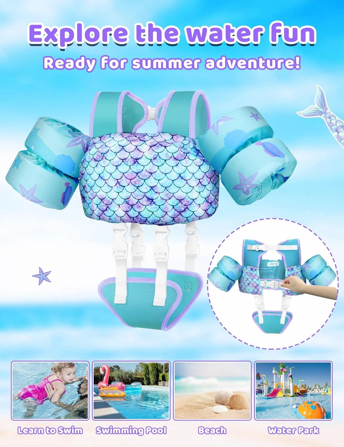 Vvinca Toddler Swim Vest for Kids 13-30lbs Boys Girls Puddle Kids Jumper Toddlers Pool Floaties Jacket with Adjustable Crotch Strap Sleeves Shoulder for 1 2 3 Years Old Baby Infant Learn to Swimming