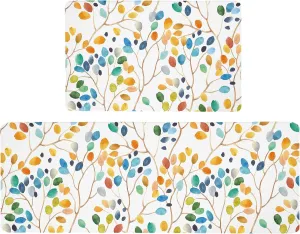 weesire Anti Fatigue Mats for Kitchen Floor Boho Kitchen Rugs Colorful Floral Leaves Memory Foam Cushioned Non-Slip Waterproof Kitchen Mat PVC Kitchen Rug Set, 17.3x28 17.3x47 inches, Laundry, Yellow