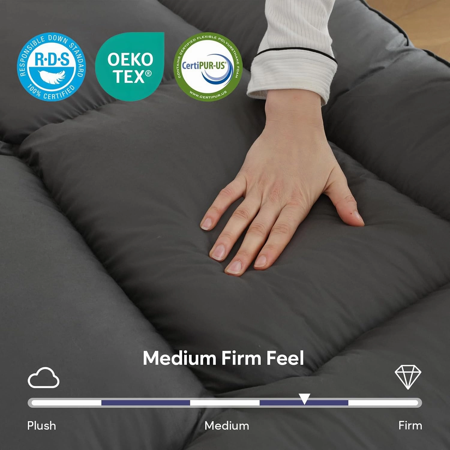 WhatsBedding 5 Inch Mattress Topper Queen Size, 4 Layer Goose Feather Bed Topper, Filled with Shredded Foam, 100% Cotton Mattress Pad Cover, CertiPUR-US Certified, Grey Color, 60x80