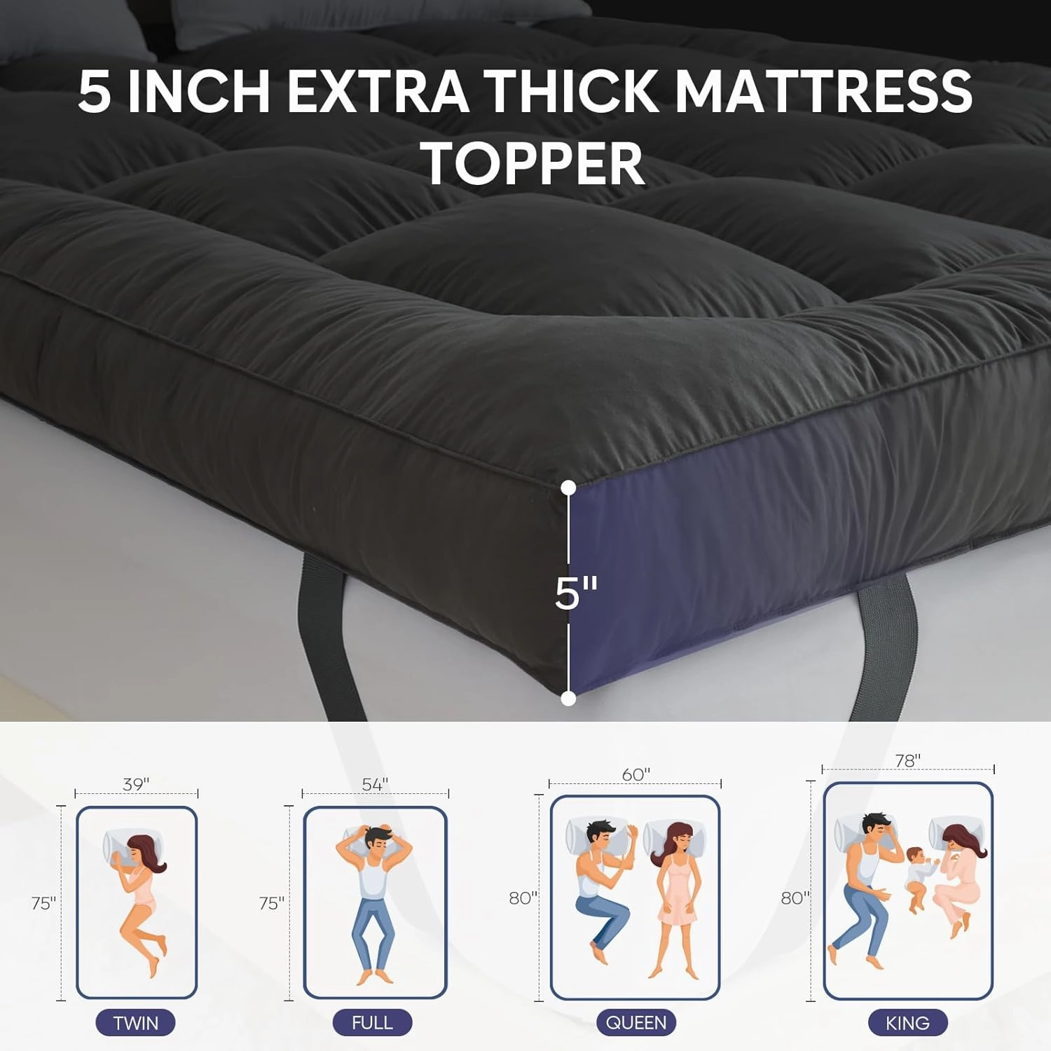 WhatsBedding 5 Inch Mattress Topper Queen Size, 4 Layer Goose Feather Bed Topper, Filled with Shredded Foam, 100% Cotton Mattress Pad Cover, CertiPUR-US Certified, Grey Color, 60x80