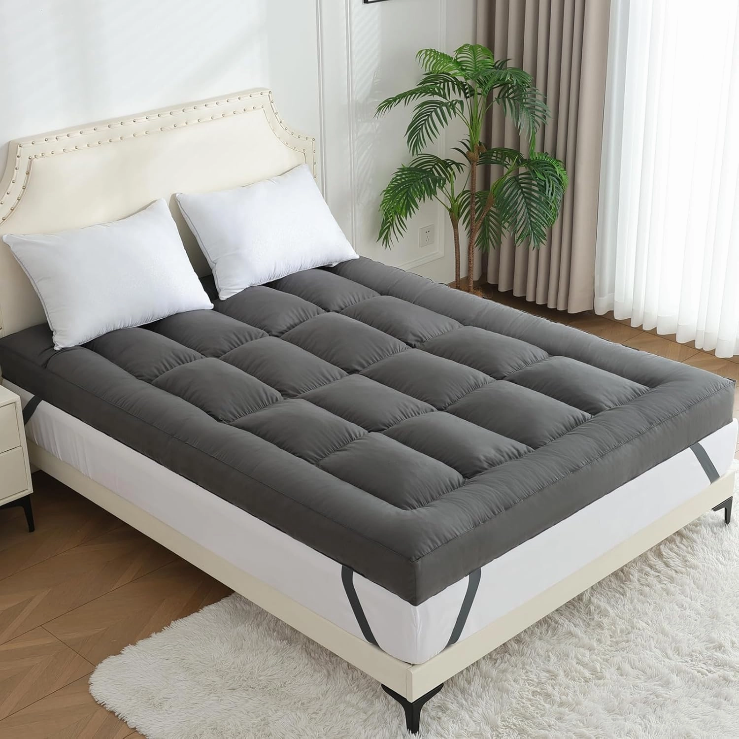 WhatsBedding 5 Inch Mattress Topper Queen Size, 4 Layer Goose Feather Bed Topper, Filled with Shredded Foam, 100% Cotton Mattress Pad Cover, CertiPUR-US Certified, Grey Color, 60x80